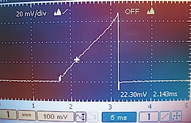photo 4: this current ramp slopes upward at a constant rate, which indicates that the coil’s primary resistance is correct. the trigger point is set at slightly over 20 amps on an upward slope.