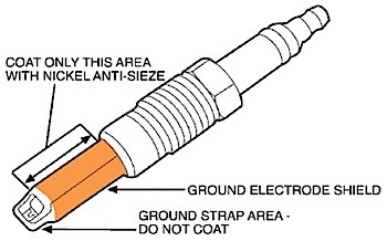 figure 1: new plugs should be installed using a film coating of motorcraft high-temperature nickel anti-seize lubricant on the ground electrode shield. do not coat the electrode strap. 