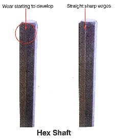 Figure 2 - Hex shaft. The shafts on the right are new. The used shafts are representative of ones from an engine ready for its first rebuild.