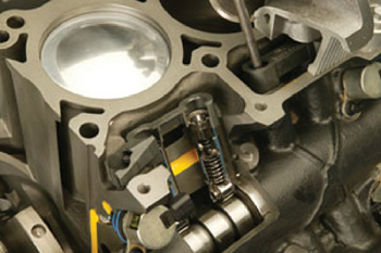 figure 3: chrysler’s mds lifter assembly disengages via a locking pin that is engaged and disengaged by an ecu-controlled solenoid.