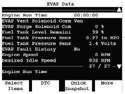 a visual of the evap data screen showing the nominal voltage on the ftp sensor. a range of 1.3 to 1.7 volts has been noted on known-good systems. (it is important that the gas cap not be removed during this test.)