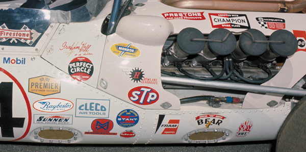 This is the side of Graham Hill’s 1966 race-winning Lola. The car was sponsored by a moving company, but every decal on the side of the car represented a product, service or tool used by the team in the month of May. 
