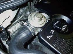 photo 2: remove the hose at the combination egr shut-down valve housing to inspect for carbon buildup.