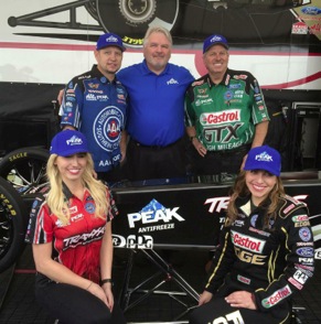 PEAK representative Eric De Bord (center) joined John Force Racing drivers (left to right) Robert Hight, Courtney Force, CEO John Force and Brittany Force.