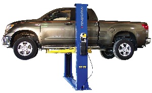 A new equipment leasing program from Revolution Lift enables shop owners to buy a new certified vehicle lift like this RTP9 two-post lift for as little as $69 per month. Freight and installation are extra.